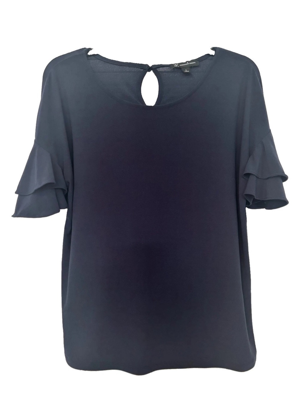 INC International Concepts Navy Blue Ruffle Sleeve Keyhole Button Back Blouse